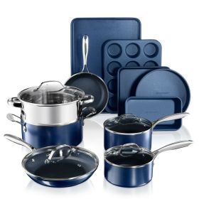 Blue 15-Piece Aluminum Ultra Durable Nonstick Diamond Embellished Cookware and Bakeware Set