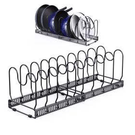 Expandable Pans Organiser Rack,Pot and Pan Lid Holder with 10 Adjustable Dividers,Bakeware Saucepan Lid Storage for Kitchen Cupboard, Black